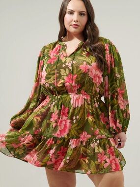 Sugar Lips Plus Size Lilikoi Floral Paxton Balloon Sleeve Mini Dress, 3X